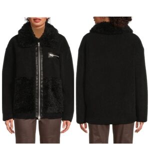 New Hudson Jeans Faux Shearling Oversized Black Bomber Jacket Medium NWT